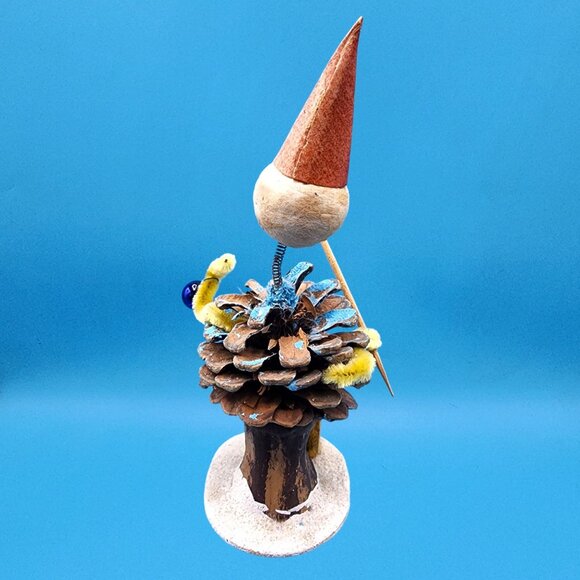 Vintage Bobblehead Elf Japan Pinecone Spun Cotton Foil Horn Mercury Glass 1950s - Picture 6 of 10